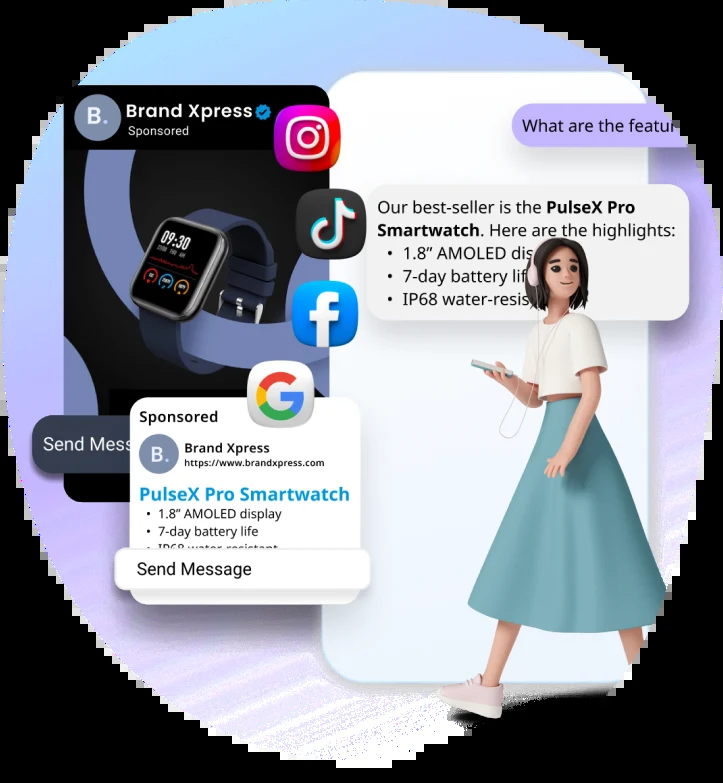 Customer using click-to-chat ad for conversations on WhatsApp and Instagram