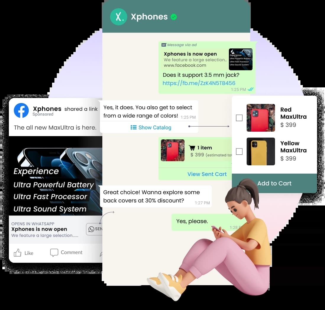 Facebook click-to-chat ad redirected to WhatsApp Business account for purchase by customer